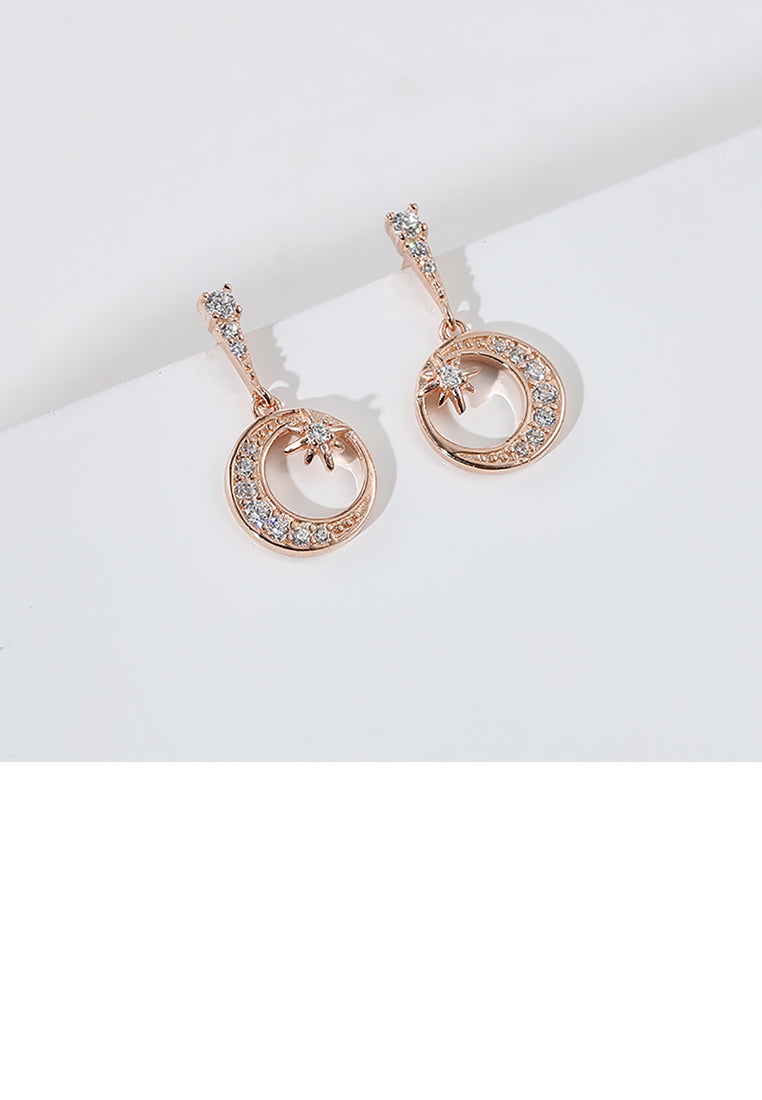 925 Sterling Silver Plated Rose Gold Star and Moon Earrings with Austrian Element Crystal