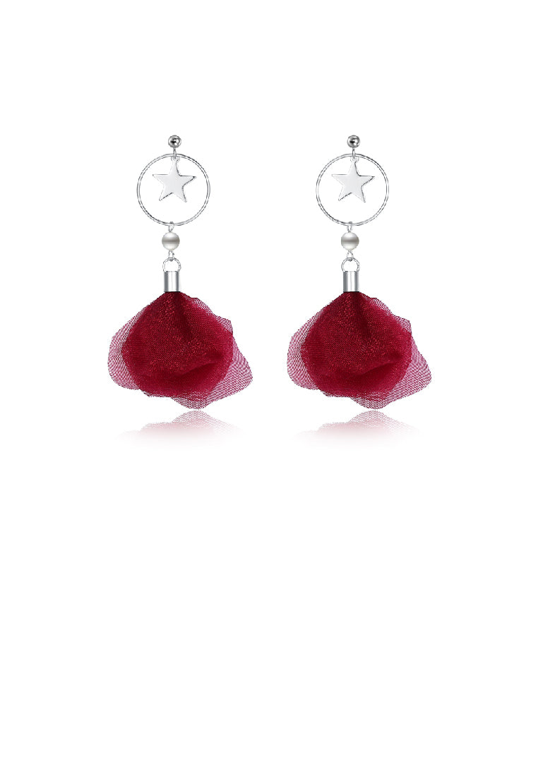 925 Sterling Silver Elegant Fashion Sweet Romantic Stars Moon Red Flower and Petals Earrings - Vibrant Color