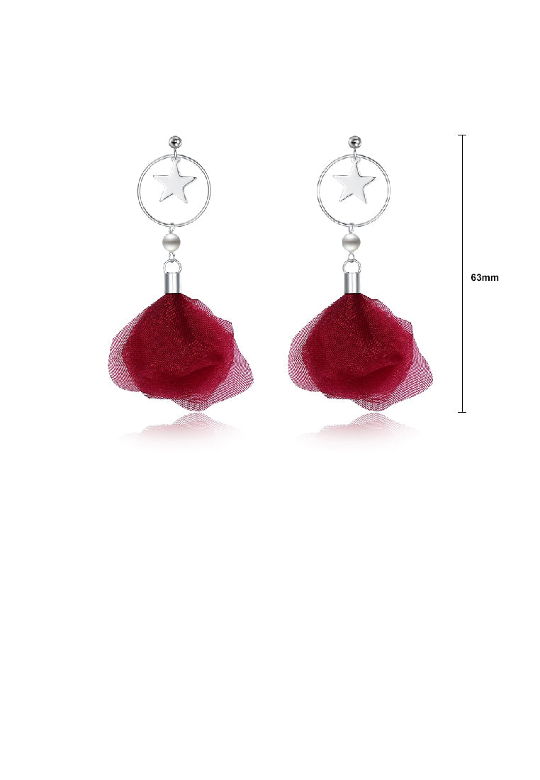 925 Sterling Silver Elegant Fashion Sweet Romantic Stars Moon Red Flower and Petals Earrings - Vibrant Color