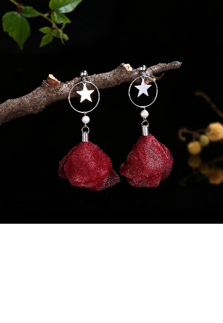 925 Sterling Silver Elegant Fashion Sweet Romantic Stars Moon Red Flower and Petals Earrings - Vibrant Color