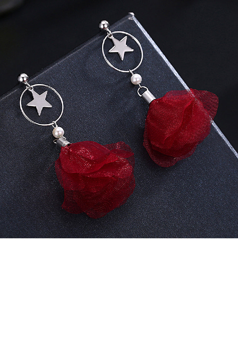 925 Sterling Silver Elegant Fashion Sweet Romantic Stars Moon Red Flower and Petals Earrings - Vibrant Color