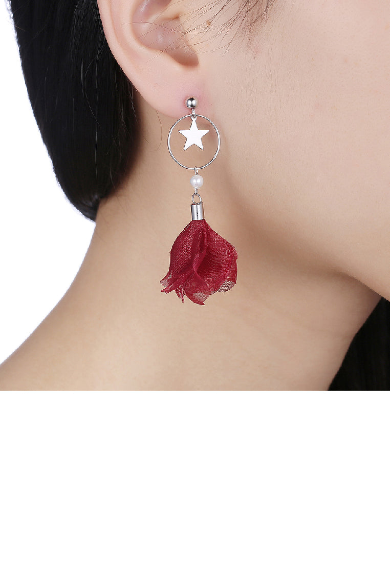 925 Sterling Silver Elegant Fashion Sweet Romantic Stars Moon Red Flower and Petals Earrings - Vibrant Color