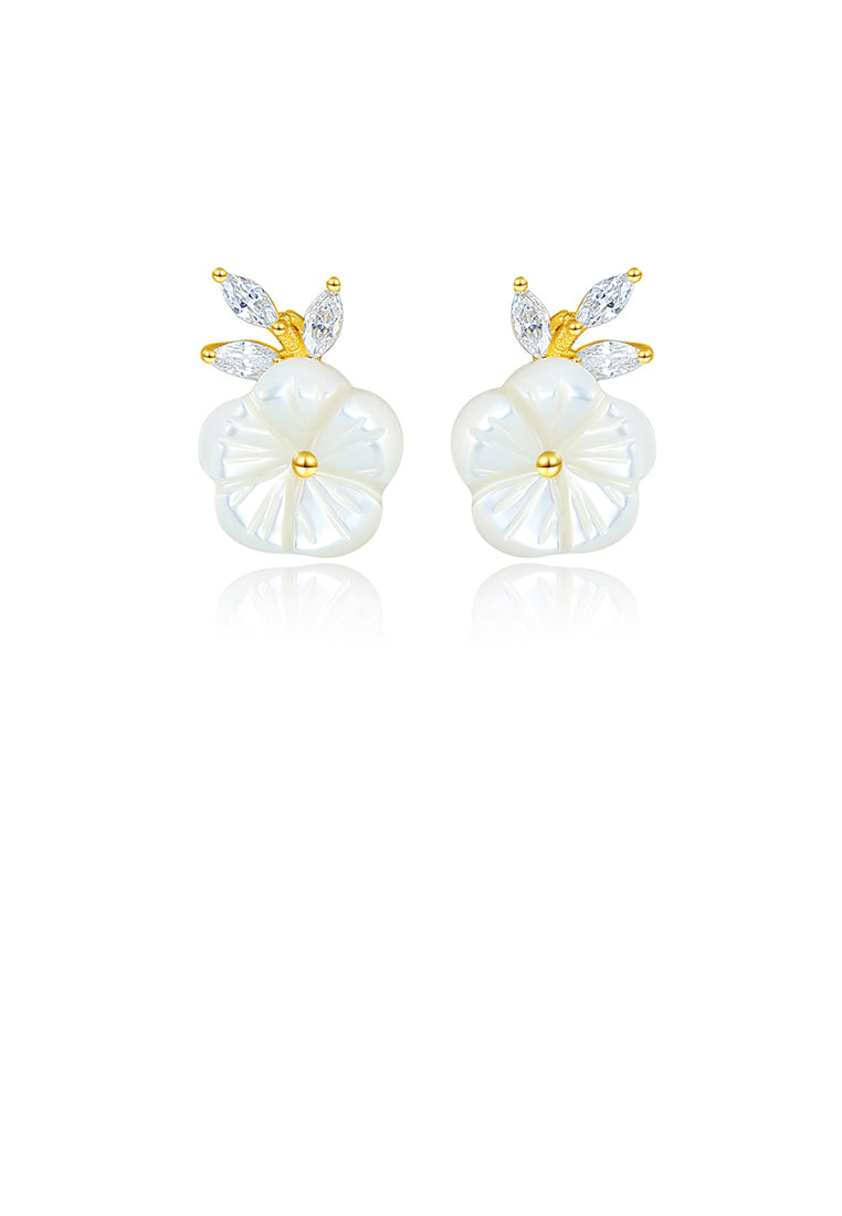 925 Sterling Silver Plated Gold Simple and Elegant Flower Stud Earrings with Cubic Zirconia - Luxurious Look