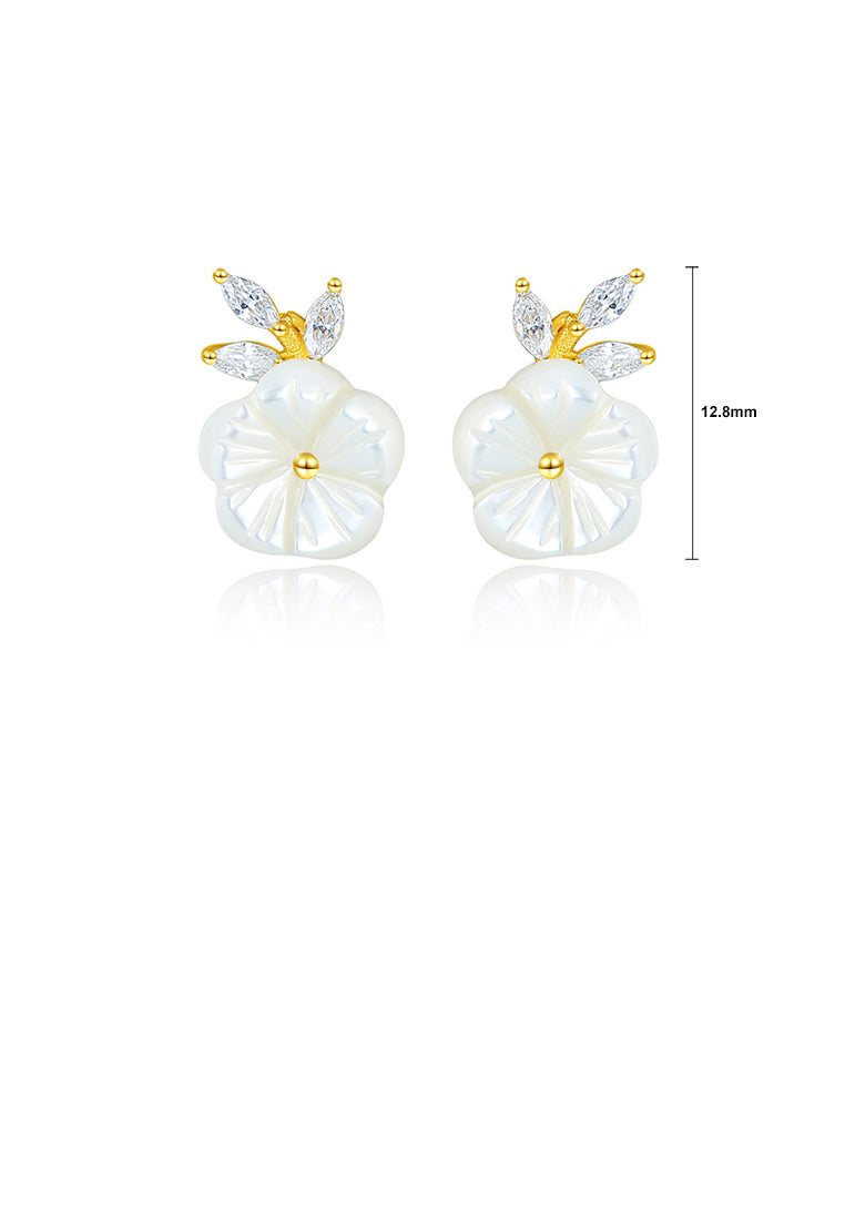 925 Sterling Silver Plated Gold Simple and Elegant Flower Stud Earrings with Cubic Zirconia - Luxurious Look