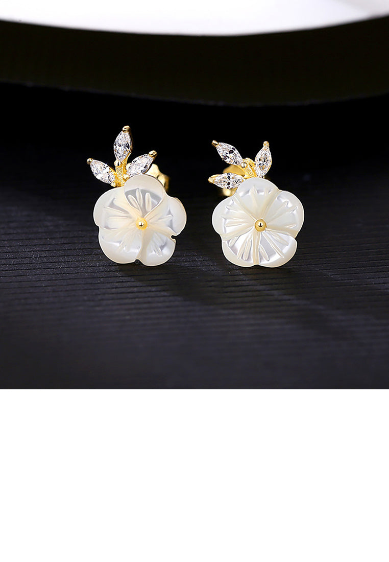 925 Sterling Silver Plated Gold Simple and Elegant Flower Stud Earrings with Cubic Zirconia - Luxurious Look