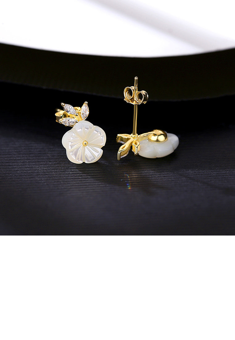 925 Sterling Silver Plated Gold Simple and Elegant Flower Stud Earrings with Cubic Zirconia - Luxurious Look