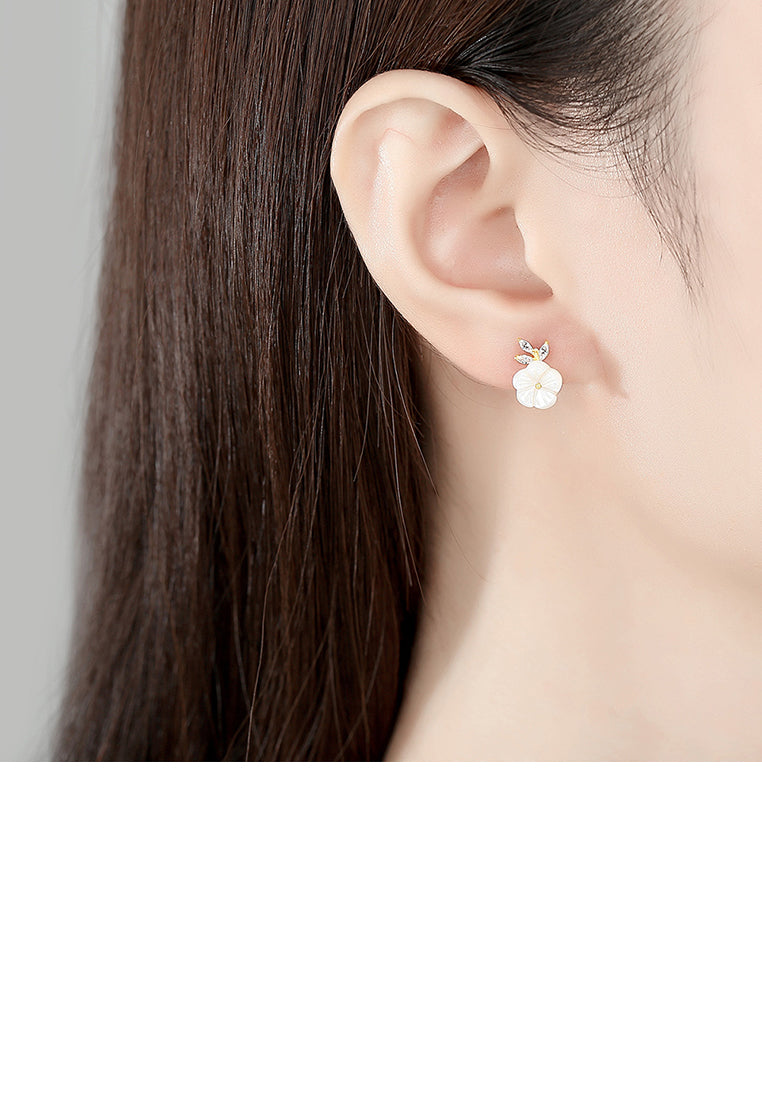 925 Sterling Silver Plated Gold Simple and Elegant Flower Stud Earrings with Cubic Zirconia - Luxurious Look