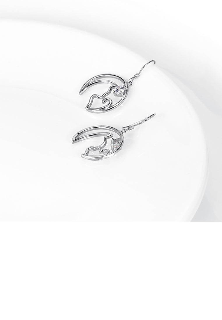 925 Sterling Silver Simple Cute Moon Cat Earrings with Cubic Zirconia - Luxurious Look
