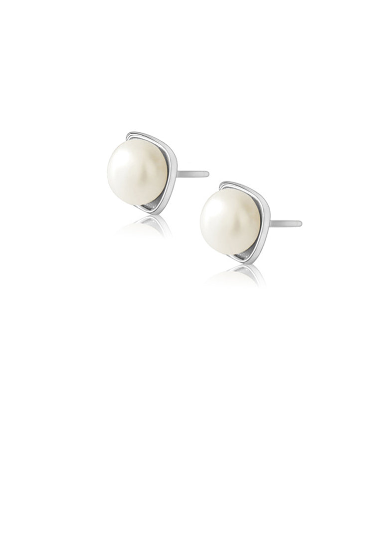 925 Sterling Silver Fashion Simple Geometric Diamond White Freshwater Pearl Stud Earrings - Luxurious Look