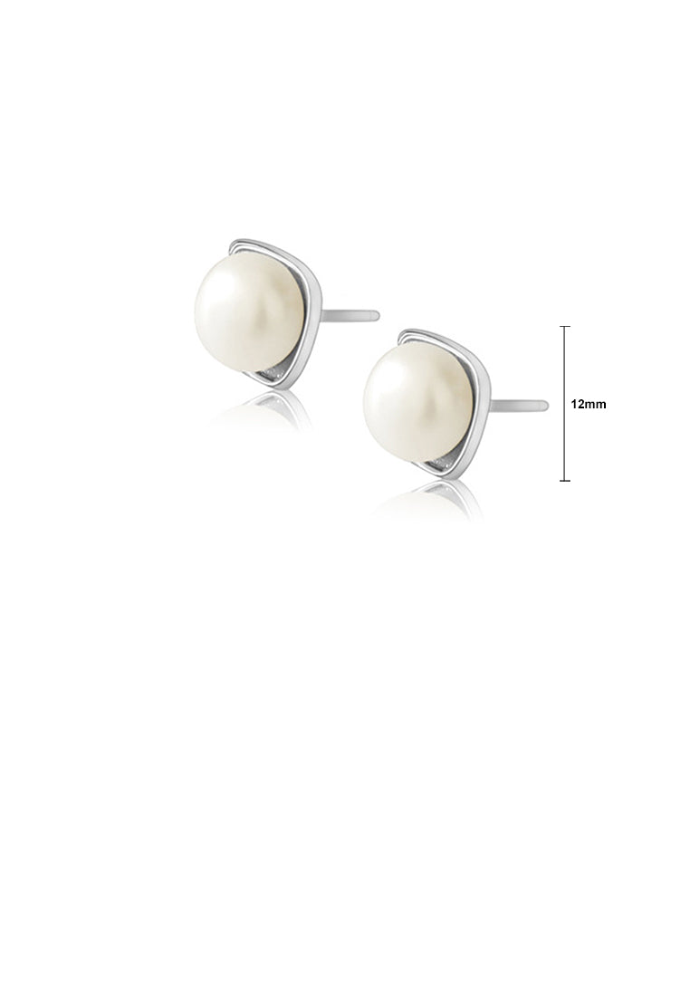 925 Sterling Silver Fashion Simple Geometric Diamond White Freshwater Pearl Stud Earrings - Luxurious Look