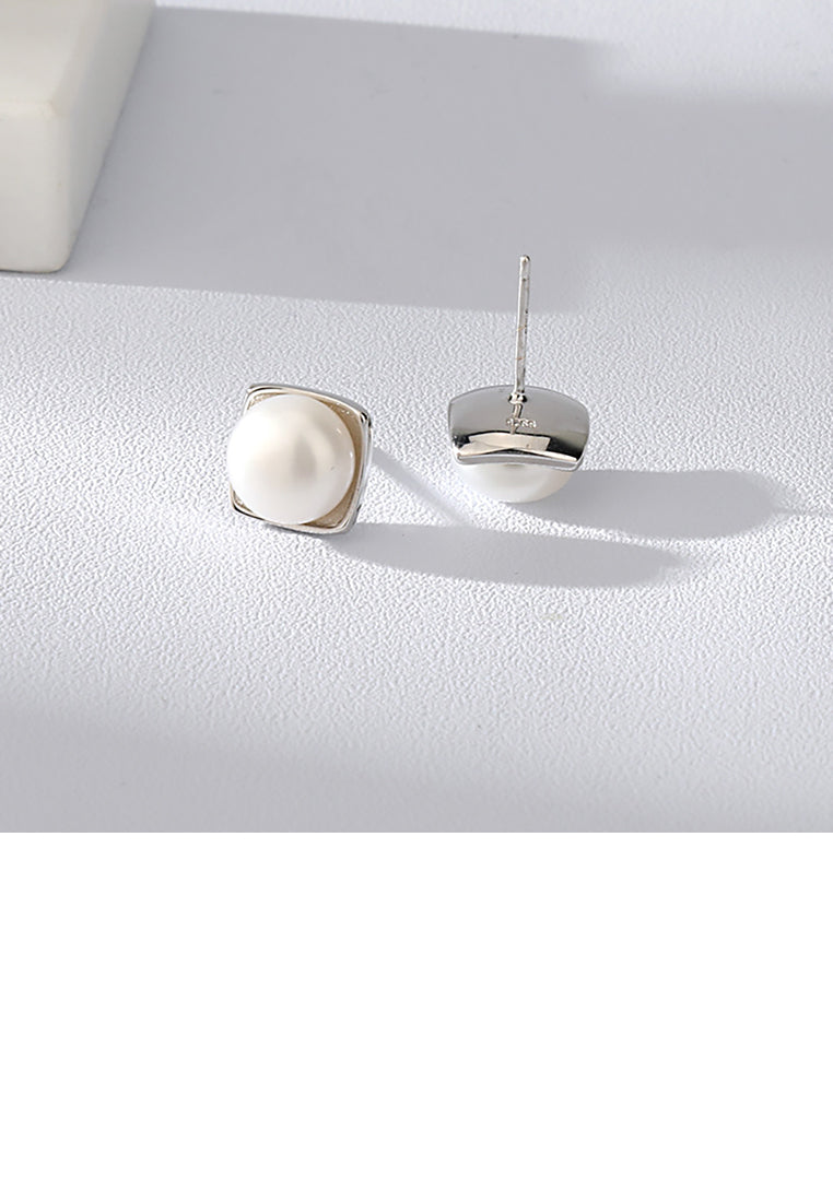 925 Sterling Silver Fashion Simple Geometric Diamond White Freshwater Pearl Stud Earrings - Luxurious Look