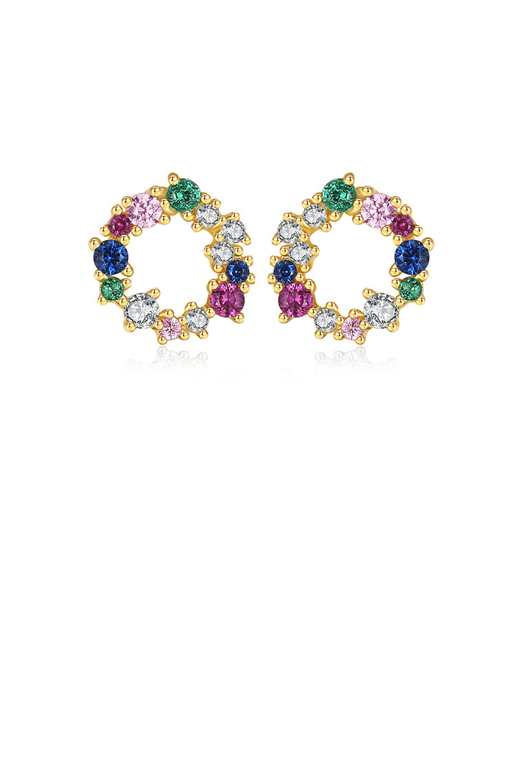925 Sterling Silver Plated Gold Fashion Simple Hollow Geometric Round Stud Earrings with Colorful Cubic Zirconia - Luxurious Look