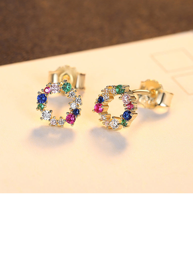 925 Sterling Silver Plated Gold Fashion Simple Hollow Geometric Round Stud Earrings with Colorful Cubic Zirconia - Luxurious Look
