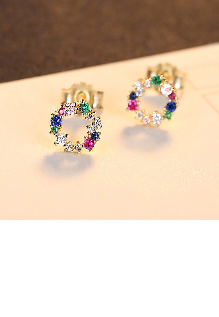 925 Sterling Silver Plated Gold Fashion Simple Hollow Geometric Round Stud Earrings with Colorful Cubic Zirconia - Luxurious Look