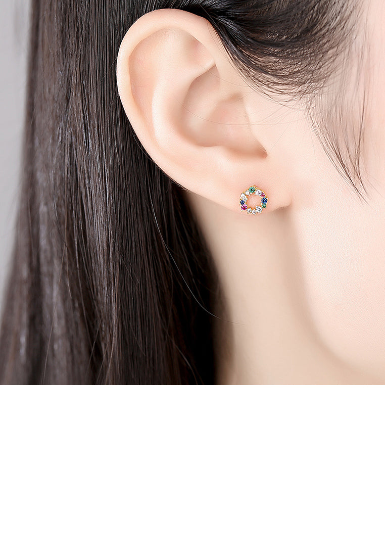 925 Sterling Silver Plated Gold Fashion Simple Hollow Geometric Round Stud Earrings with Colorful Cubic Zirconia - Luxurious Look