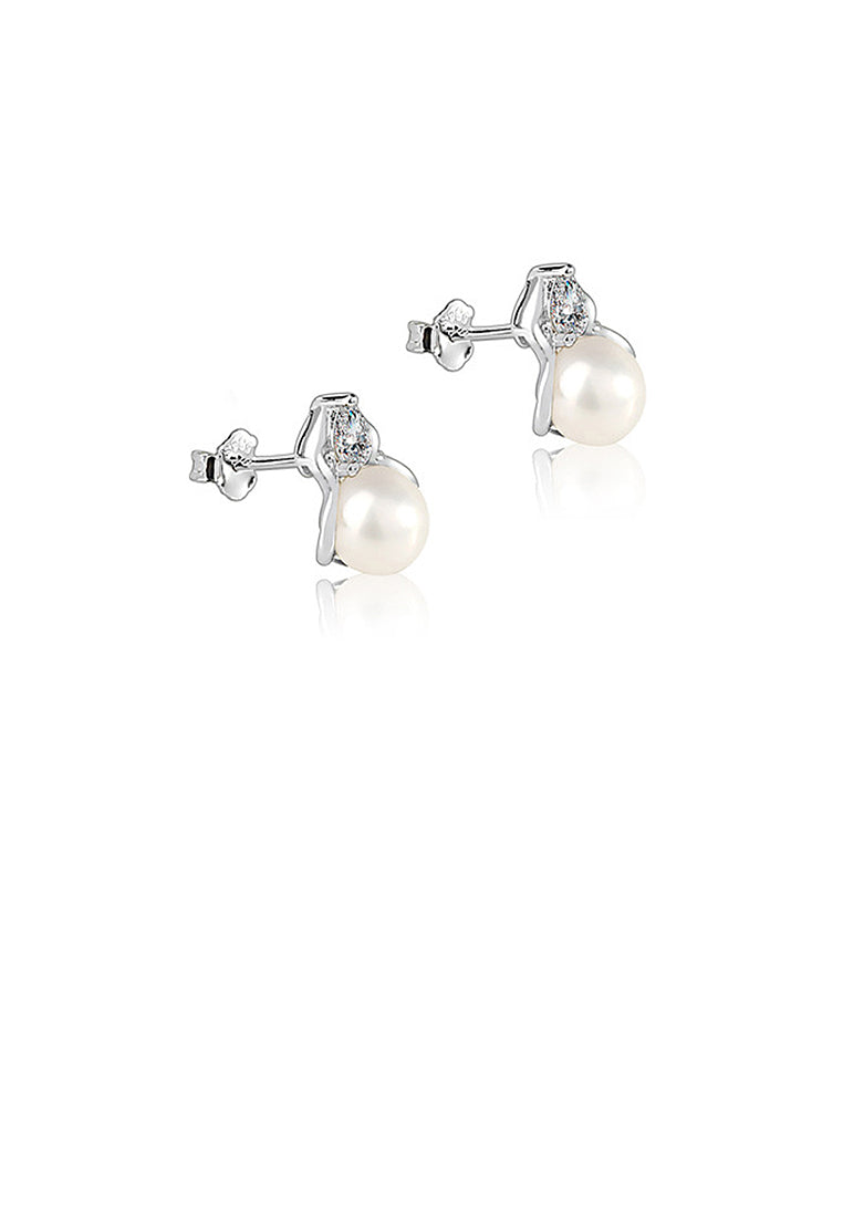 925 Sterling Silver Fashion and Elegant Geometric White Freshwater Pearl Stud Earrings with Cubic Zirconia - Luxurious Look
