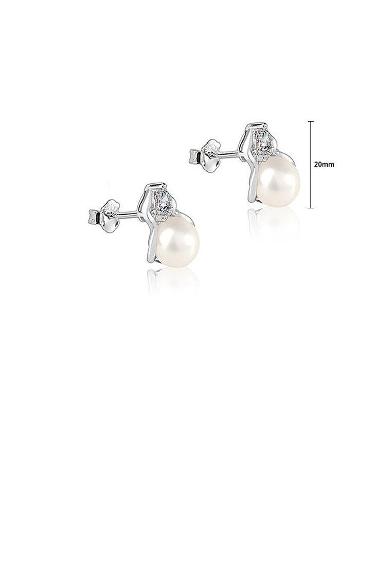 925 Sterling Silver Fashion and Elegant Geometric White Freshwater Pearl Stud Earrings with Cubic Zirconia - Luxurious Look