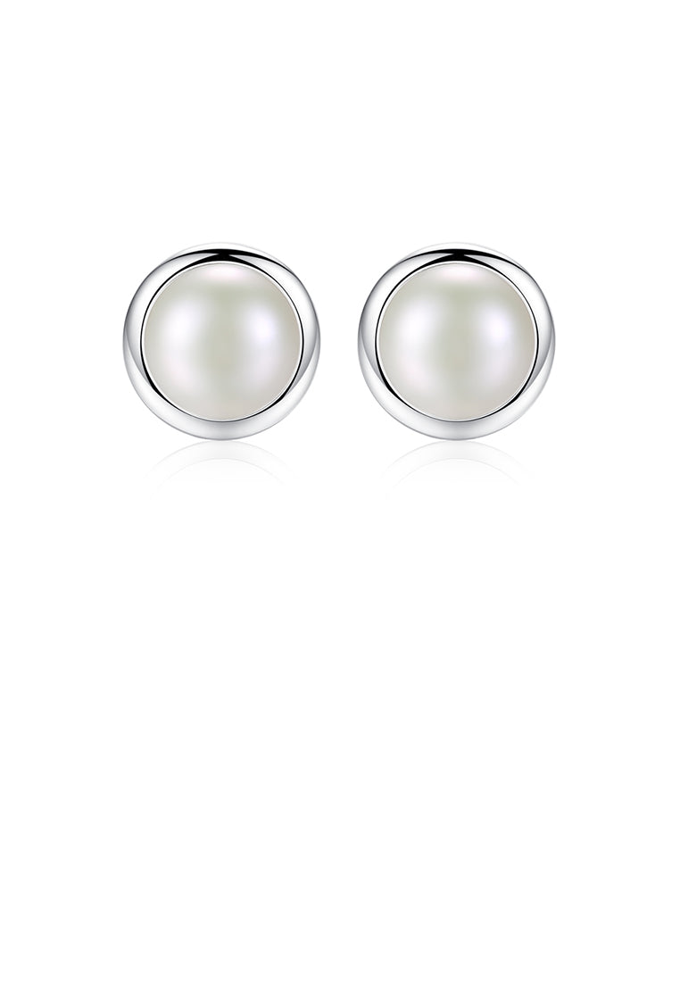 925 Sterling Silver Fashion Simple Geometric Round White Freshwater Pearl Stud Earrings - Luxurious Look