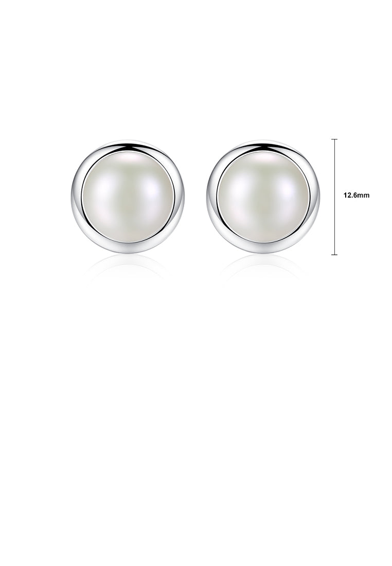 925 Sterling Silver Fashion Simple Geometric Round White Freshwater Pearl Stud Earrings - Luxurious Look
