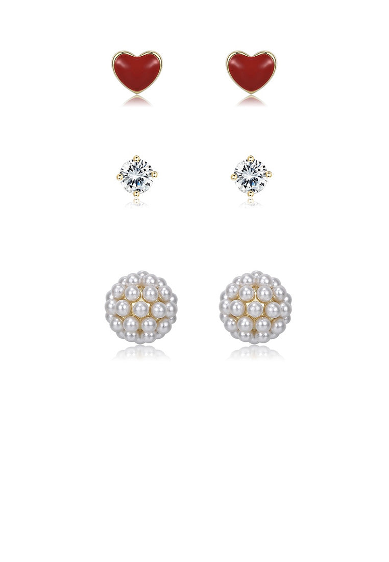 925 Sterling Silver Plated Gold Simple Romantic Heart Flower Three-piece Earrings with Cubic Zircon and Pearls