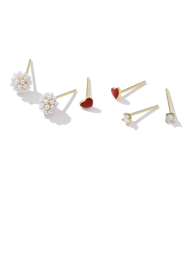 925 Sterling Silver Plated Gold Simple Romantic Heart Flower Three-piece Earrings with Cubic Zircon and Pearls