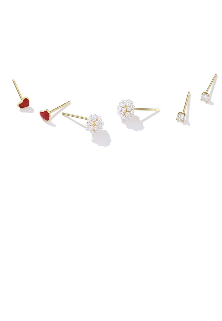 925 Sterling Silver Plated Gold Simple Romantic Heart Flower Three-piece Earrings with Cubic Zircon and Pearls