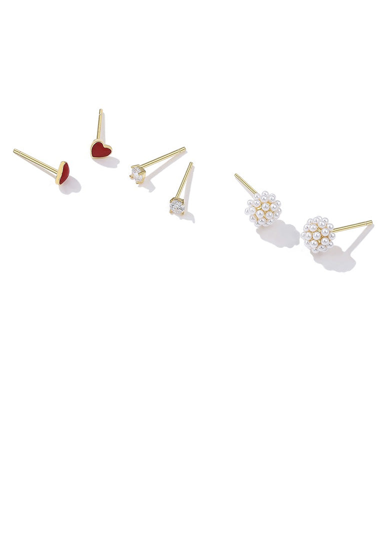 925 Sterling Silver Plated Gold Simple Romantic Heart Flower Three-piece Earrings with Cubic Zircon and Pearls