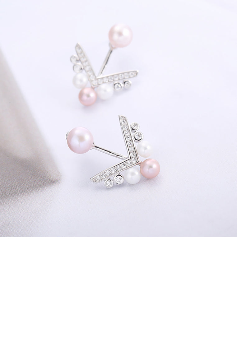 925 Sterling Silver Simple Fashion Geometric Triangle Freshwater Pearl Stud Earrings with Cubic Zirconia - Luxurious Look