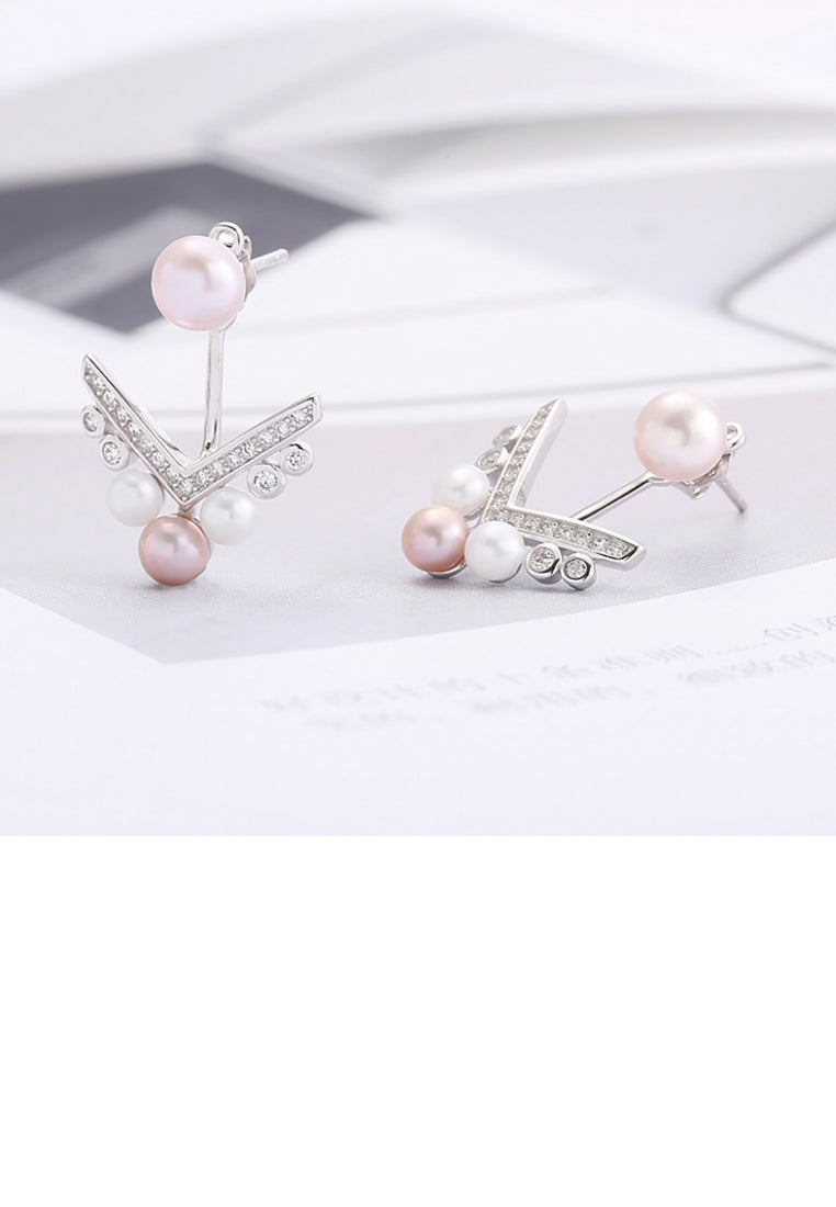 925 Sterling Silver Simple Fashion Geometric Triangle Freshwater Pearl Stud Earrings with Cubic Zirconia - Luxurious Look