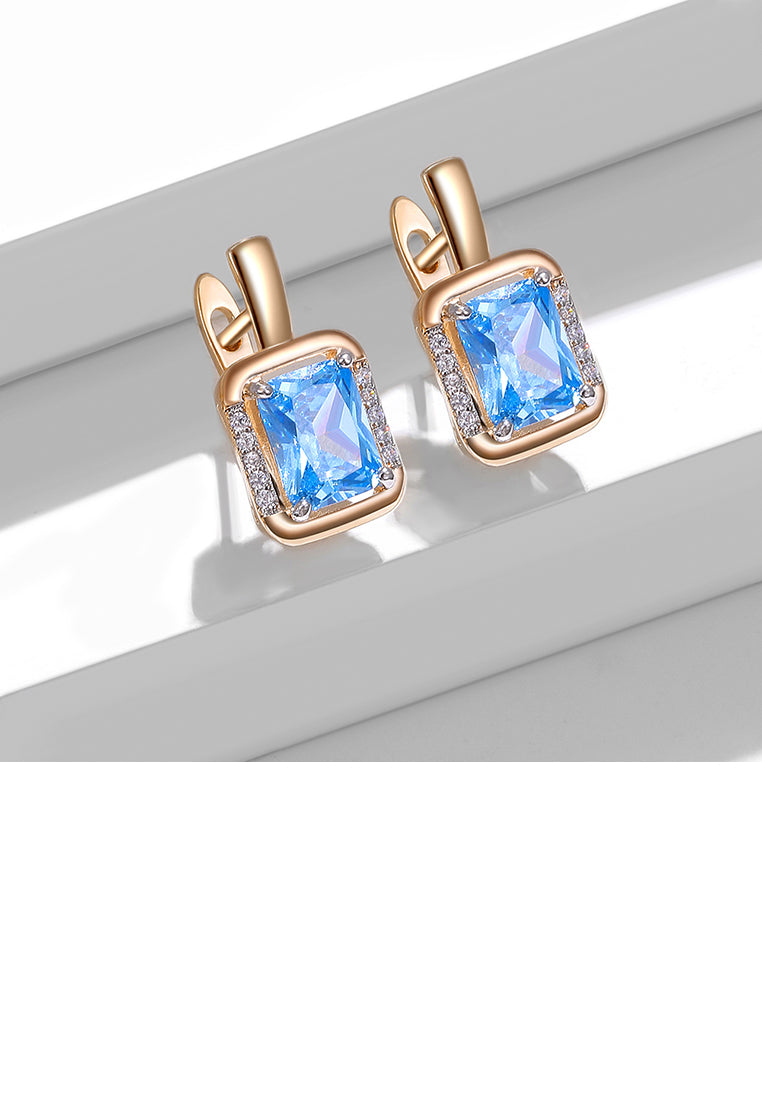 925 Sterling Silver Plated Rose Gold Fashion and Elegant Geometric Square Blue Cubic Zirconia Earrings - Luxurious Look