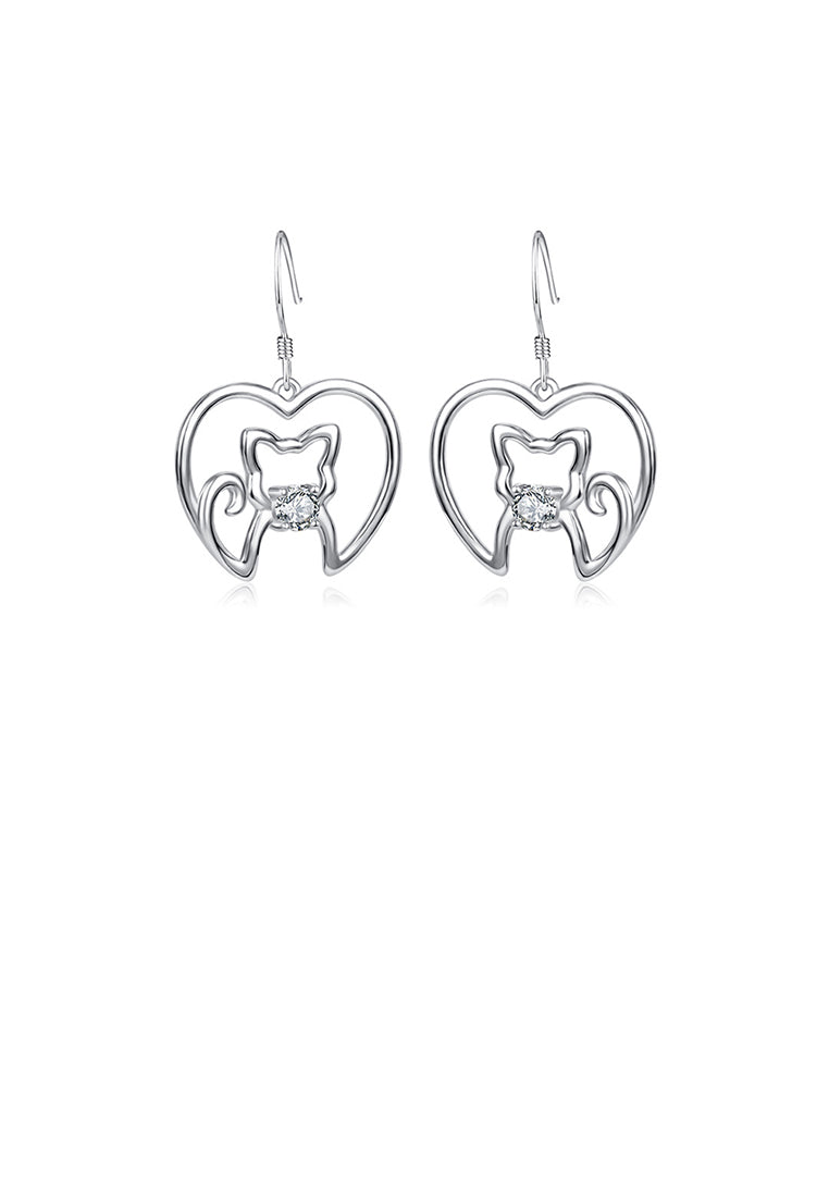 925 Sterling Silver Simple Cute Cat Heart Earrings with Cubic Zirconia - Luxurious Look