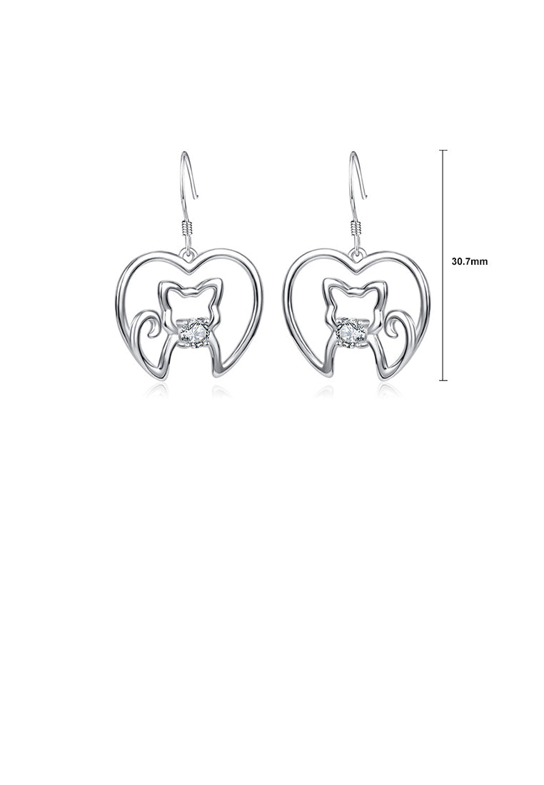 925 Sterling Silver Simple Cute Cat Heart Earrings with Cubic Zirconia - Luxurious Look