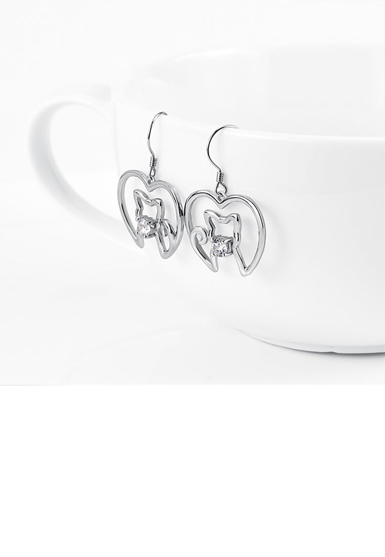 925 Sterling Silver Simple Cute Cat Heart Earrings with Cubic Zirconia - Luxurious Look