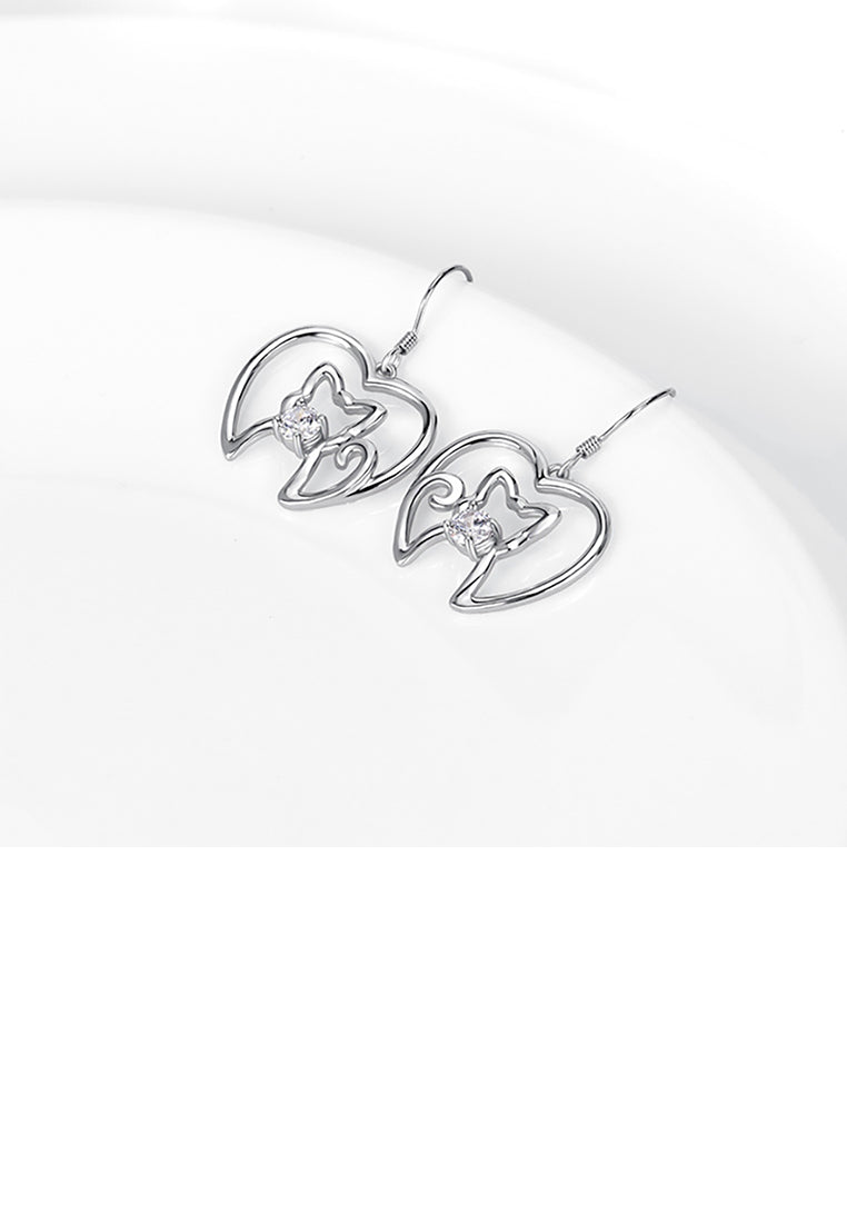 925 Sterling Silver Simple Cute Cat Heart Earrings with Cubic Zirconia - Luxurious Look