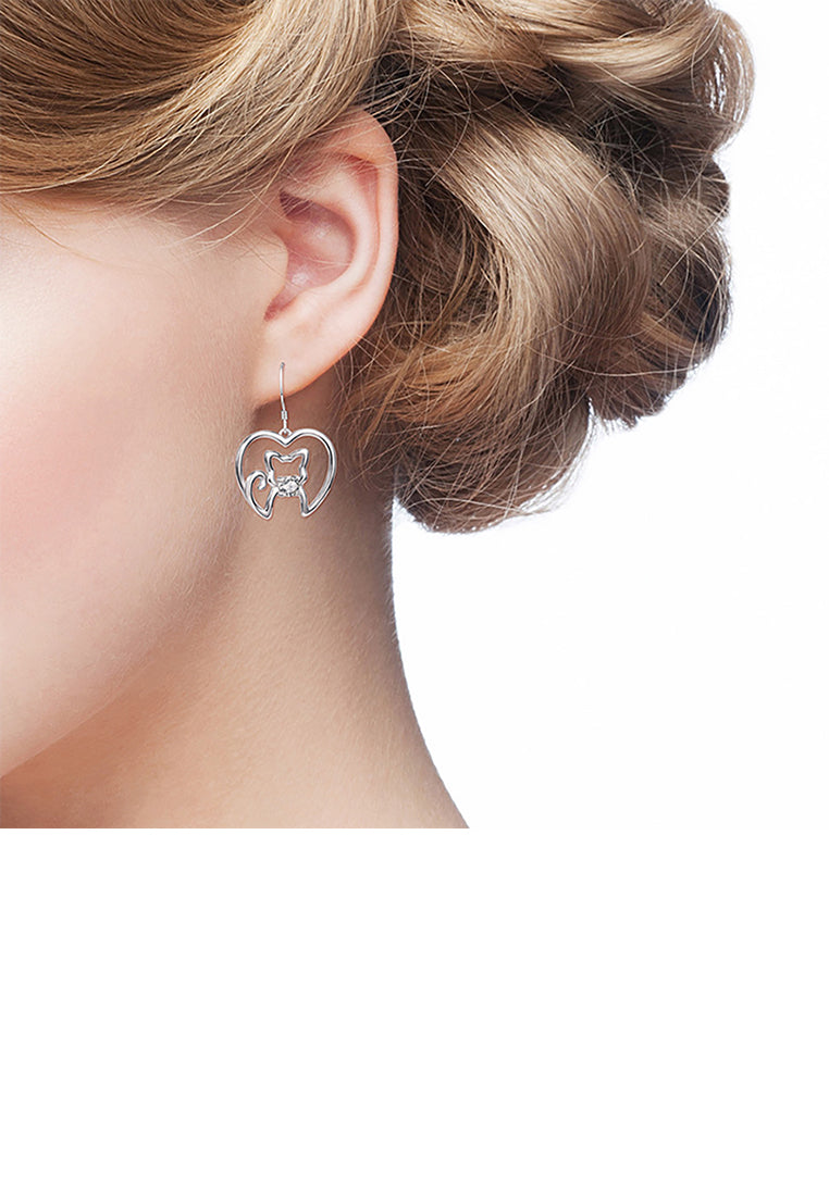 925 Sterling Silver Simple Cute Cat Heart Earrings with Cubic Zirconia - Luxurious Look