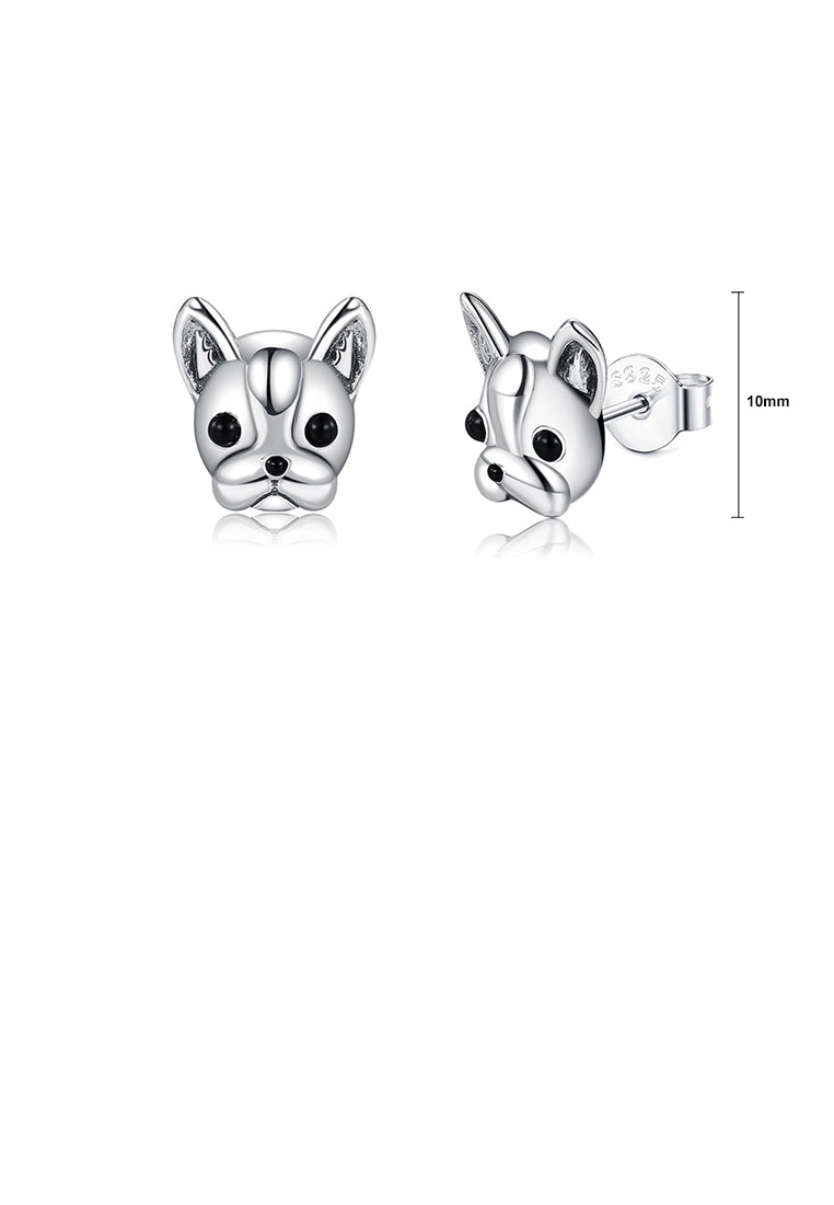 925 Sterling Silver Simple Cute Bulldog Puppy Stud Earrings with Black Cubic Zirconia - Luxurious Look