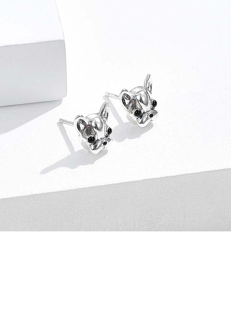 925 Sterling Silver Simple Cute Bulldog Puppy Stud Earrings with Black Cubic Zirconia - Luxurious Look