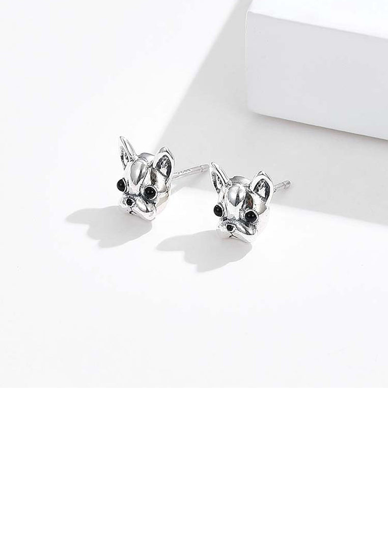 925 Sterling Silver Simple Cute Bulldog Puppy Stud Earrings with Black Cubic Zirconia - Luxurious Look