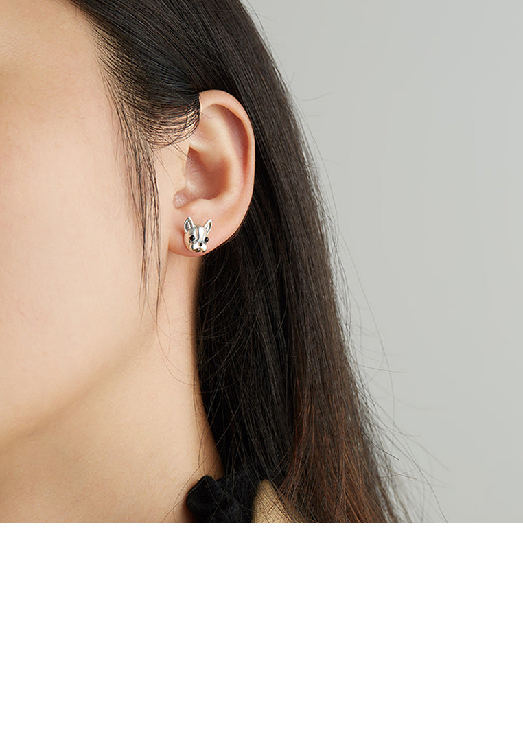 925 Sterling Silver Simple Cute Bulldog Puppy Stud Earrings with Black Cubic Zirconia - Luxurious Look