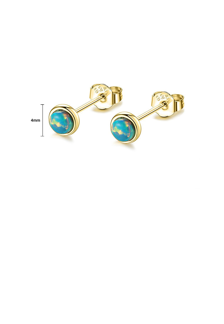 925 Sterling Silver Plated Gold Simple Fashion Geometric Round Blue Opal Stud Earrings