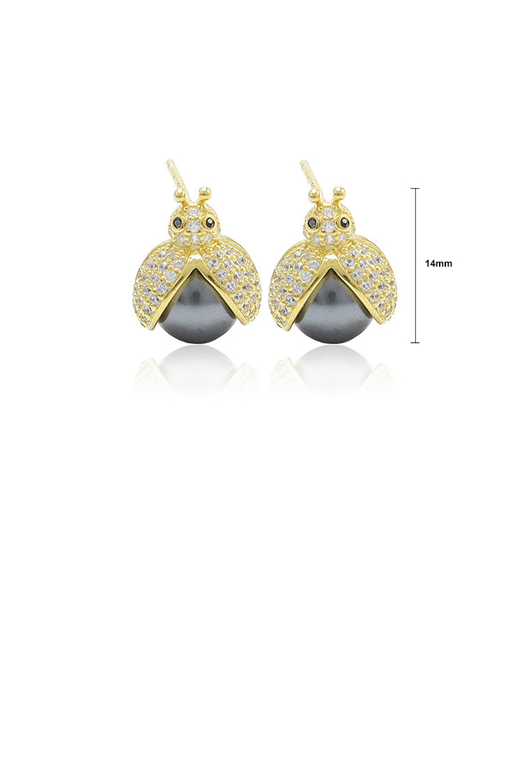 925 Sterling Silver Plated Gold Simple Cute Bee Black Freshwater Pearl Stud Earrings with Cubic Zirconia - Luxurious Look