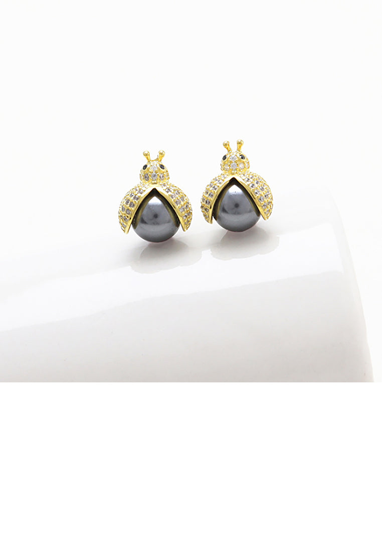 925 Sterling Silver Plated Gold Simple Cute Bee Black Freshwater Pearl Stud Earrings with Cubic Zirconia - Luxurious Look