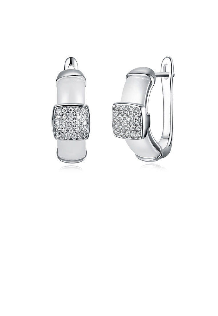 925 Sterling Silver Fashion Elegant Geometric Square White Ceramic Earrings with Cubic Zircon