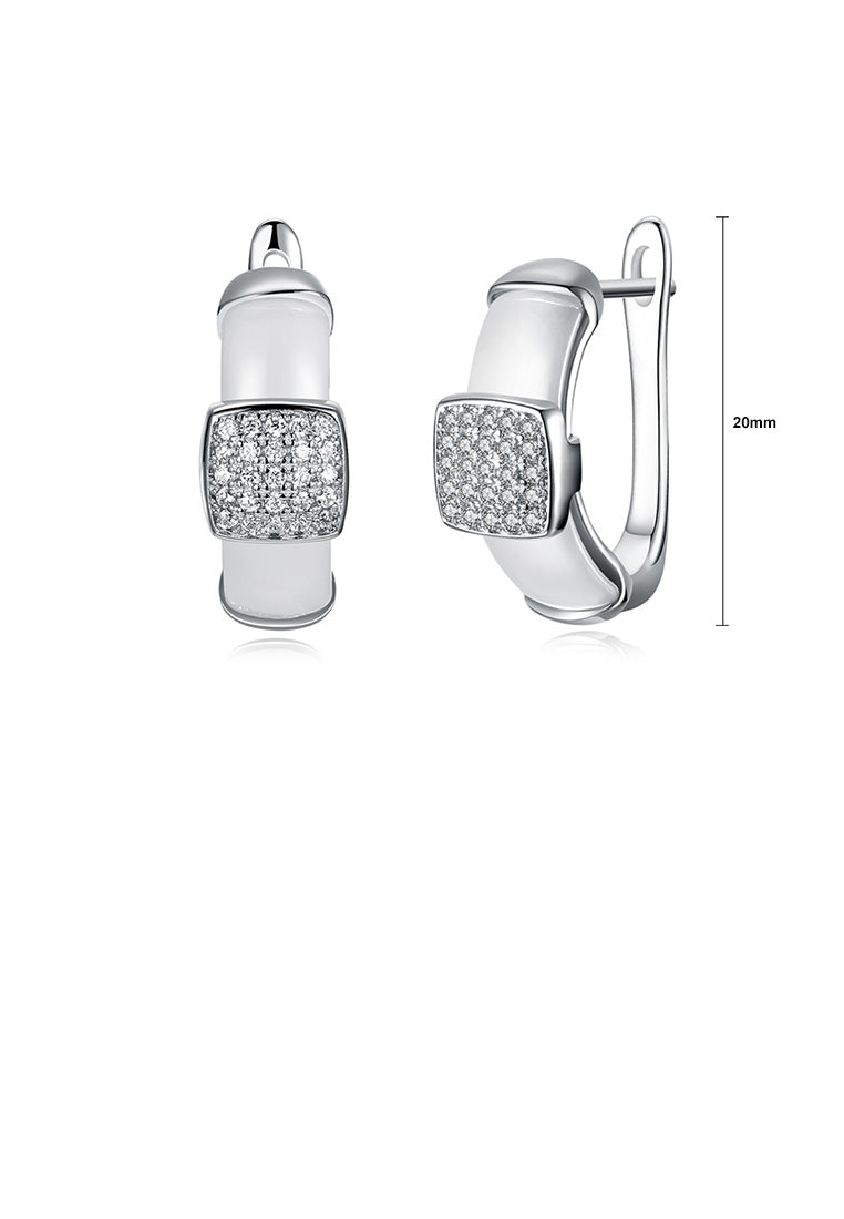 925 Sterling Silver Fashion Elegant Geometric Square White Ceramic Earrings with Cubic Zircon
