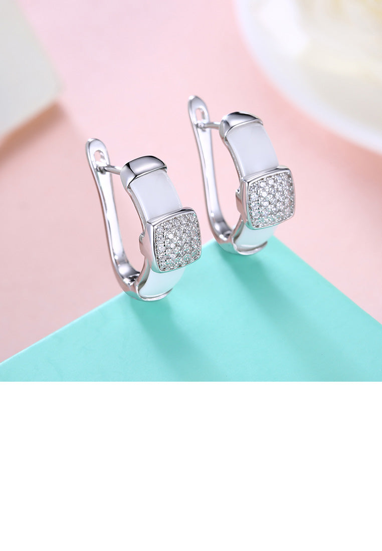 925 Sterling Silver Fashion Elegant Geometric Square White Ceramic Earrings with Cubic Zircon