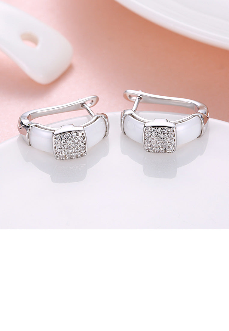 925 Sterling Silver Fashion Elegant Geometric Square White Ceramic Earrings with Cubic Zircon
