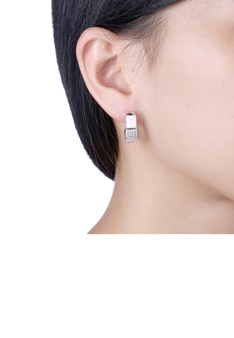 925 Sterling Silver Fashion Elegant Geometric Square White Ceramic Earrings with Cubic Zircon