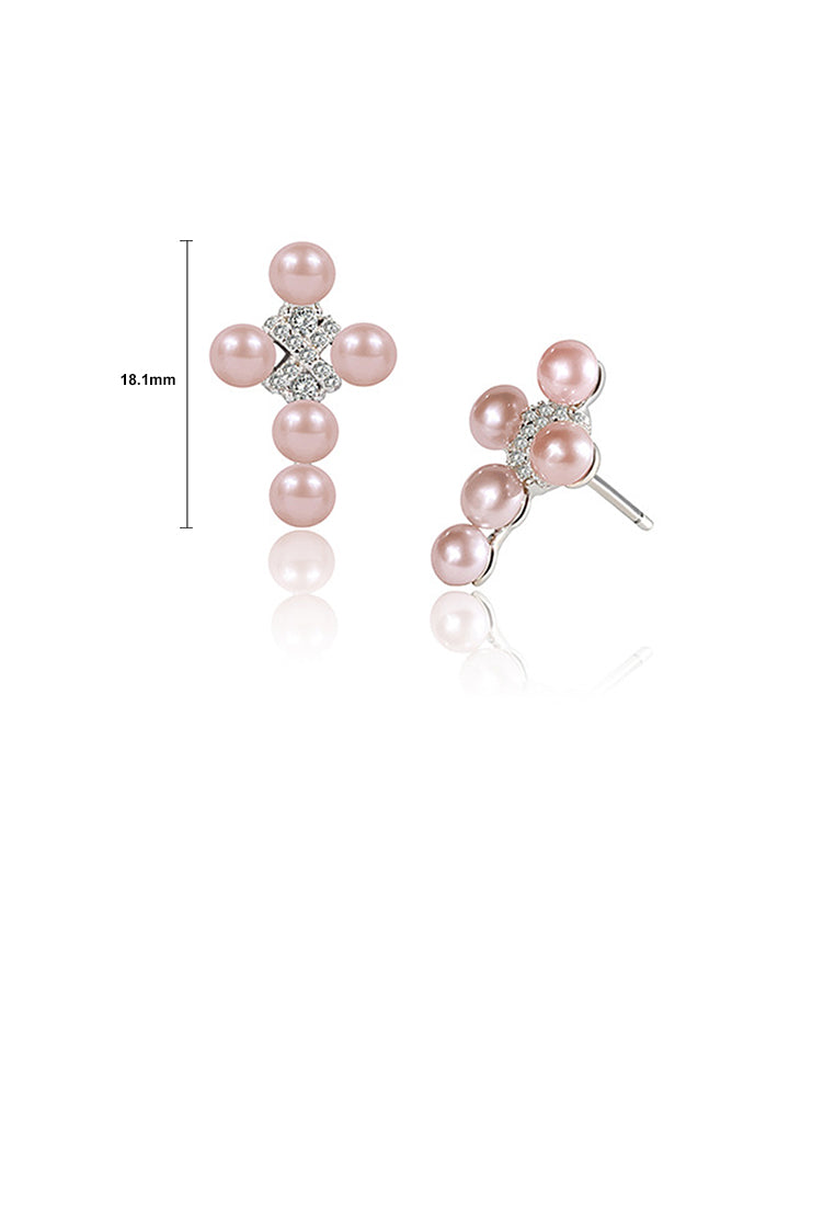 925 Sterling Silver Fashion Elegant Cross Purple Freshwater Pearl Earrings with Cubic Zirconia - Luxurious Look
