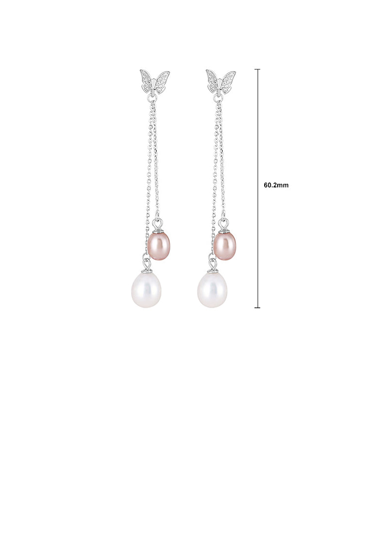 925 Sterling Silver Fashion and Elegant Butterfly Freshwater Pearl Tassel Earrings with Cubic Zirconia - Luxurious Look