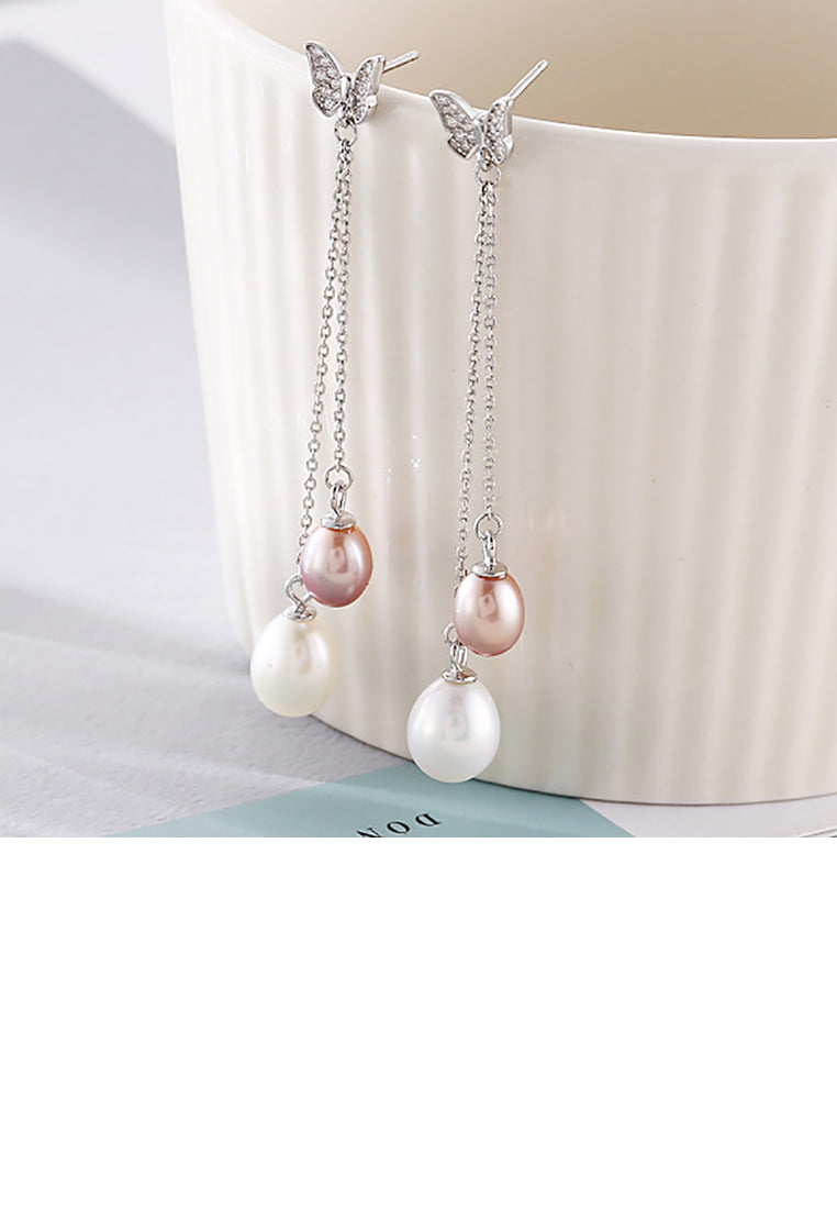925 Sterling Silver Fashion and Elegant Butterfly Freshwater Pearl Tassel Earrings with Cubic Zirconia - Luxurious Look